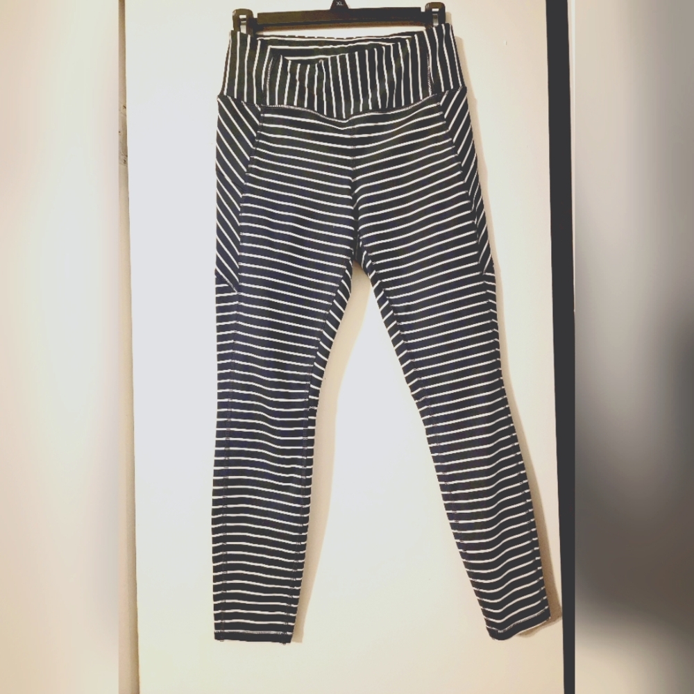 ATHLETA LEGGINGS, SIZE SMALL, Navy blue/white stripes,
